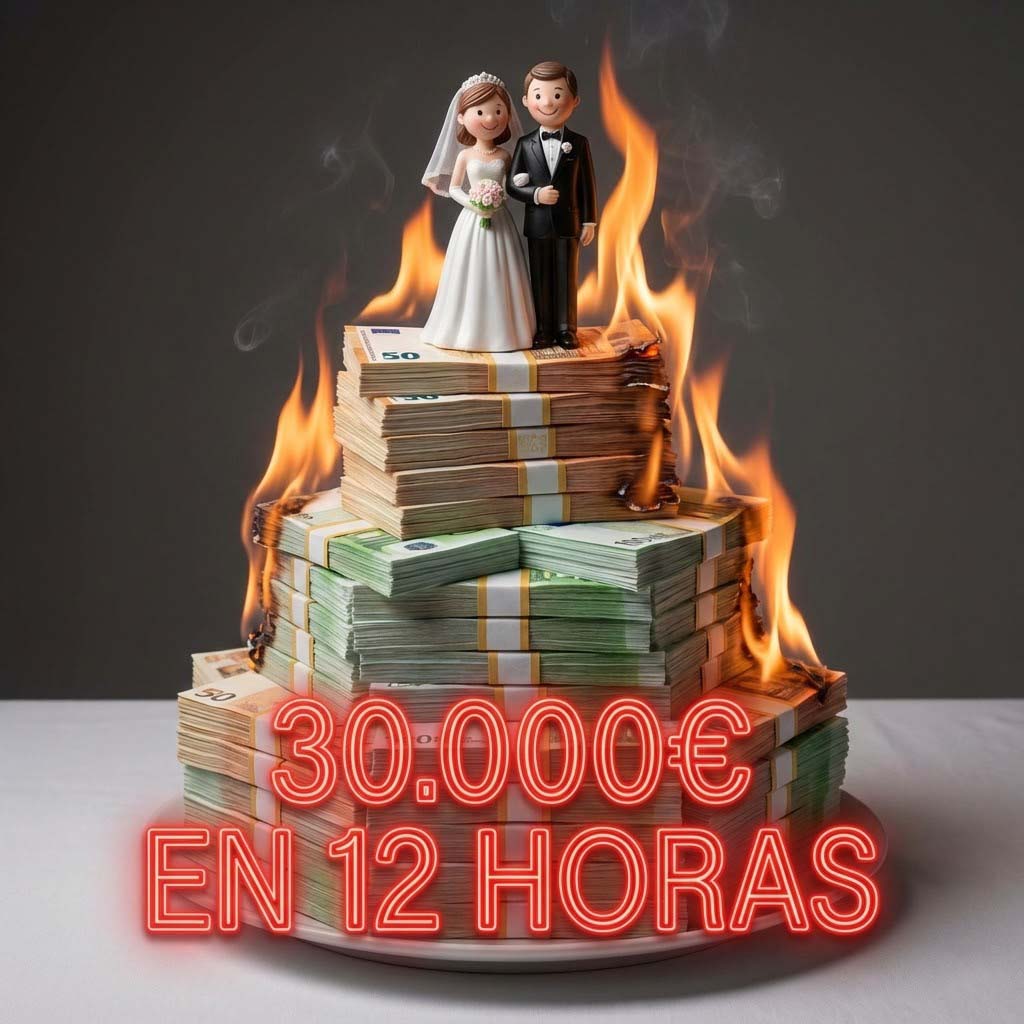 Imagen realista y satírica en formato cuadrado 1:1. Un pastel de boda gigante y lujoso de tres pisos. En lugar de bizcocho, las capas están hechas de fajos de billetes de 50€ y 100€ que se están quemando lentamente. En la cima, los novios de plástico sonríen mientras el fuego les llega a los pies. Texto en neón rojo sobreimpreso: "30.000€ EN 12 HORAS".