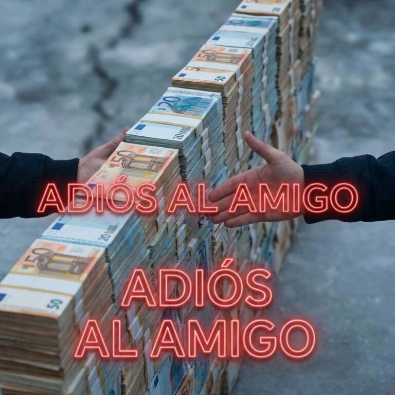 Imagen realista y simbólica en formato cuadrado 1:1. Dos manos intentando estrecharse (saludo de amigos), pero hay un muro de ladrillos hecho de billetes de 50€ que impide que se toquen. El ambiente es frío y distante. Texto en neón rojo sobreimpreso: "ADIÓS AL AMIGO".