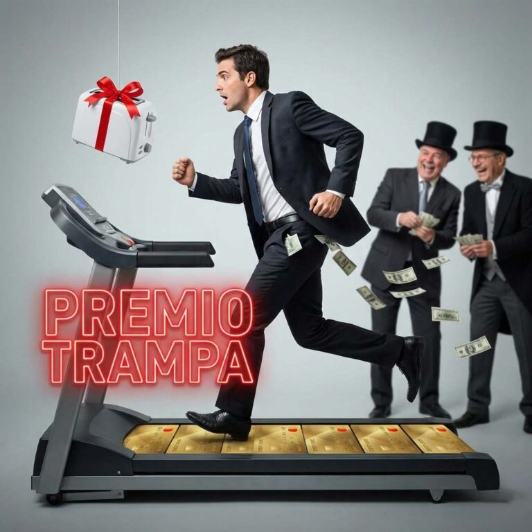 Imagen realista y satírica en formato cuadrado 1:1. Un ejecutivo corriendo desesperado en una cinta de correr hecha de tarjetas de crédito doradas. Delante de él cuelga una zanahoria que en realidad es una tostadora de plástico barata con un lazo rojo. Al fondo, banqueros con sombrero de copa se ríen mientras recogen los billetes que caen de los bolsillos del corredor. Texto en neón rojo sobreimpreso: "PREMIO TRAMPA".