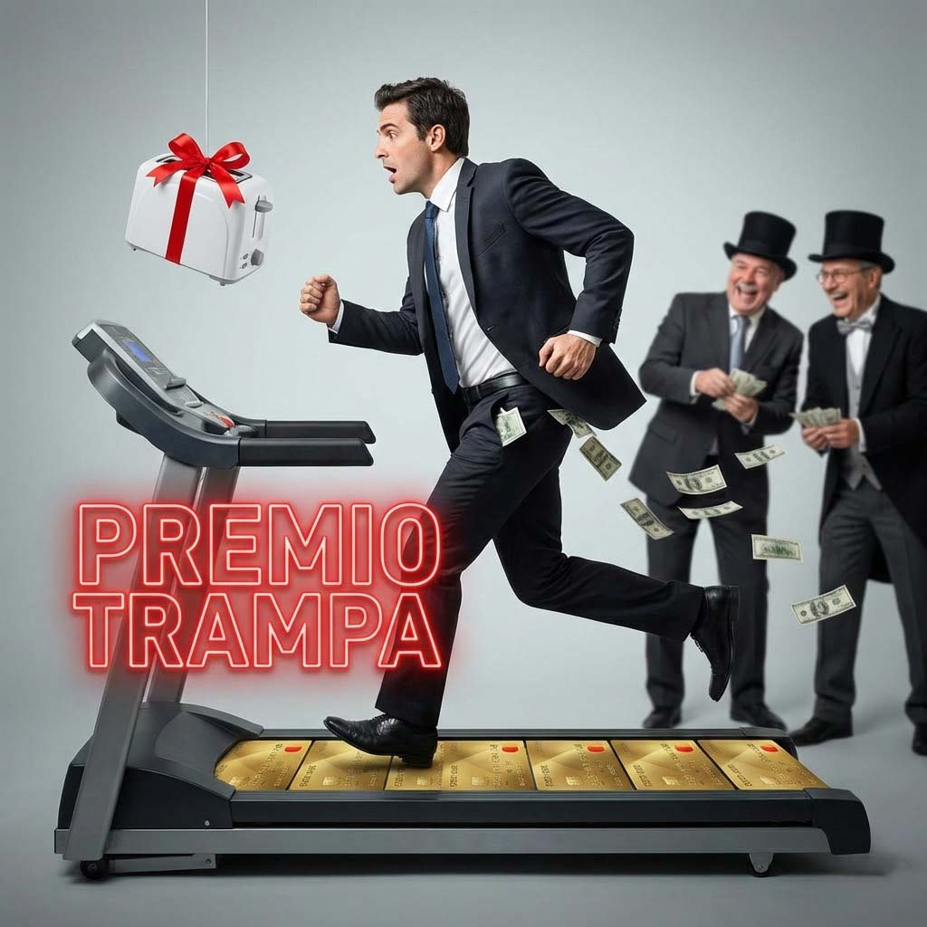 Imagen realista y satírica en formato cuadrado 1:1. Un ejecutivo corriendo desesperado en una cinta de correr hecha de tarjetas de crédito doradas. Delante de él cuelga una zanahoria que en realidad es una tostadora de plástico barata con un lazo rojo. Al fondo, banqueros con sombrero de copa se ríen mientras recogen los billetes que caen de los bolsillos del corredor. Texto en neón rojo sobreimpreso: "PREMIO TRAMPA".