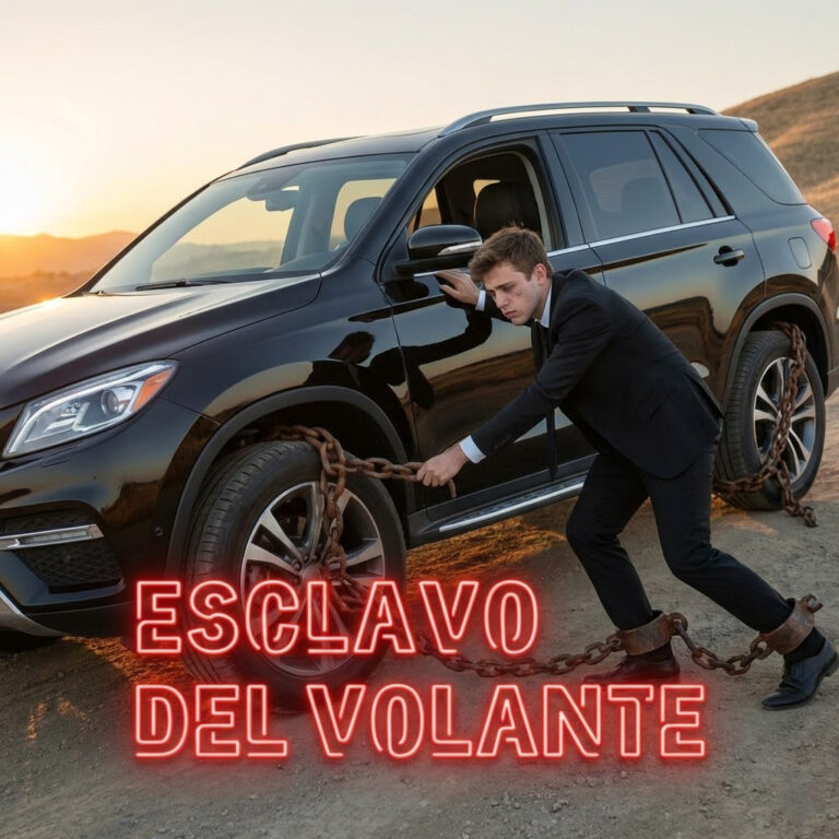 Imagen realista y metafórica en formato cuadrado 1:1. Un coche SUV moderno y brillante de color negro. En lugar de ruedas, tiene grilletes de acero conectados a los tobillos de un conductor joven que intenta empujarlo cuesta arriba. El coche brilla, pero el conductor está agotado y sucio. Texto en neón rojo sobreimpreso: "ESCLAVO DEL VOLANTE".