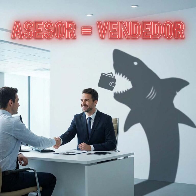 Imagen realista y metafórica en formato cuadrado 1:1. Un despacho de banco moderno y limpio. Un asesor financiero con un traje impecable y una sonrisa perfecta le da la mano a un cliente. Sin embargo, la sombra que proyecta el asesor en la pared tiene forma de tiburón con la boca abierta a punto de comerse la cartera del cliente. Texto en neón rojo sobreimpreso: "ASESOR = VENDEDOR".