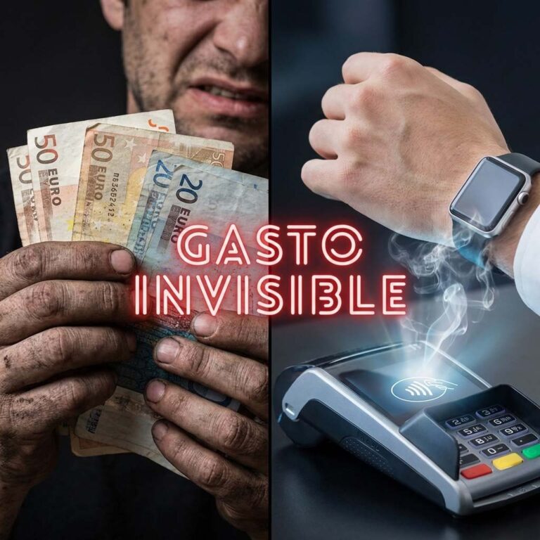Imagen realista y conceptual en formato cuadrado 1:1. Dividida en dos mitades. A la izquierda, una mano cuenta billetes de 50€ viejos y arrugados con dificultad y dolor. A la derecha, una mano pasa un reloj inteligente sobre un datáfono futurista que brilla, y el dinero sale volando en forma de humo sin que se note. Texto en neón rojo sobreimpreso: "GASTO INVISIBLE".