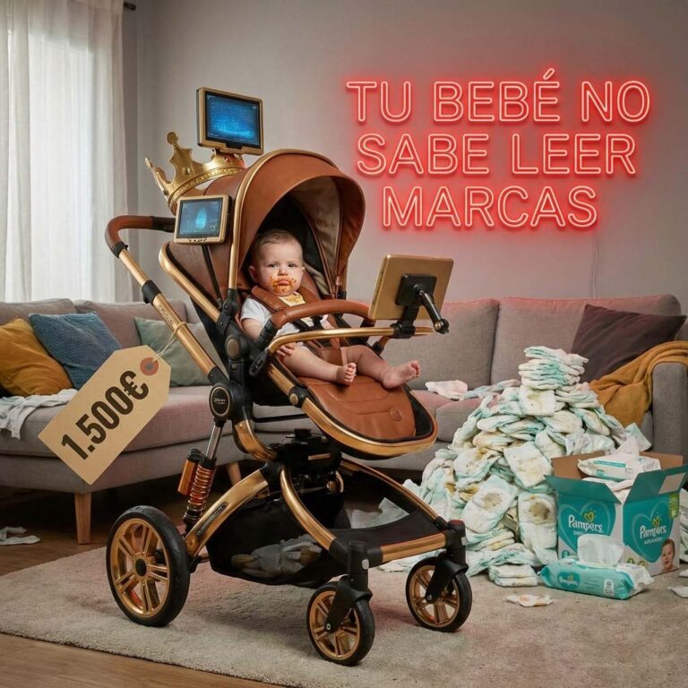 Imagen realista y satírica en formato cuadrado 1:1. Un carrito de bebé futurista y excesivamente complejo, con llantas doradas, pantallas y suspensión hidráulica. Dentro, un bebé normal con la cara manchada de papilla lo mira con indiferencia. El carrito tiene una etiqueta de precio gigante que pone "1.500€". Al fondo, una montaña de pañales sucios. Texto en neón rojo sobreimpreso: "TU BEBÉ NO SABE LEER MARCAS".