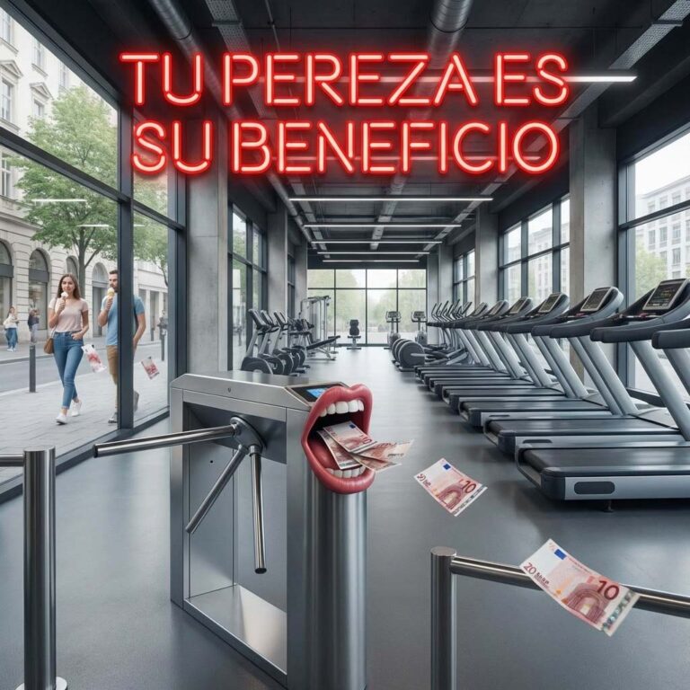 Imagen realista y cínica en formato cuadrado 1:1. Una sala de gimnasio enorme, moderna y totalmente vacía, con máquinas de correr impolutas. En la entrada, un torno de acceso con una boca gigante tragaperras que se está comiendo billetes de 20€ que vuelan desde los bolsillos de gente que pasa de largo por la calle comiendo helado. Texto en neón rojo sobreimpreso: "TU PEREZA ES SU BENEFICIO".