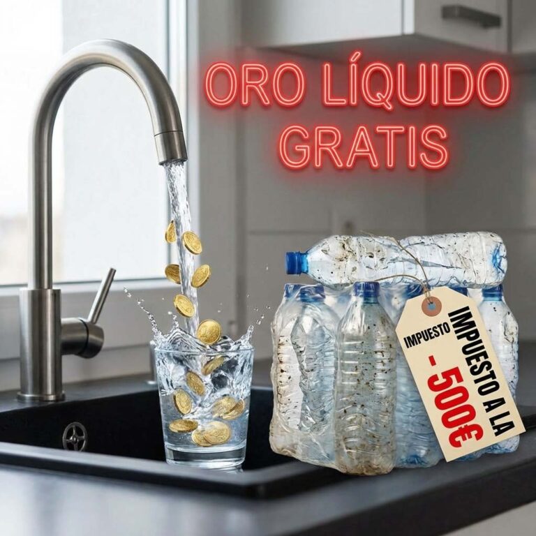 Imagen realista y conceptual en formato cuadrado 1:1. Un grifo de cocina moderno del que sale un chorro de agua cristalina que se transforma en monedas de oro al caer en un vaso. Al lado, un pack de botellas de plástico de agua mineral arrugadas y sucias con una etiqueta de precio gigante que pone "IMPUESTO A LA IGNORANCIA". Texto en neón rojo sobreimpreso: "ORO LÍQUIDO GRATIS".