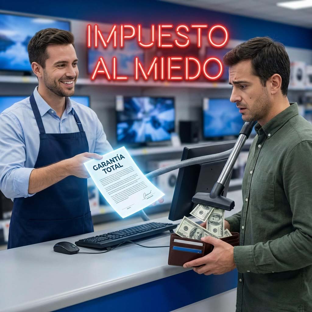 Imagen realista y satírica en formato cuadrado 1:1. Un mostrador de tienda de electrónica. Un vendedor con sonrisa forzada ofrece un contrato que brilla con luz dorada y pone "GARANTÍA TOTAL". El contrato está conectado a una aspiradora que está succionando los billetes de la cartera del cliente asustado. Texto en neón rojo sobreimpreso: "IMPUESTO AL MIEDO".