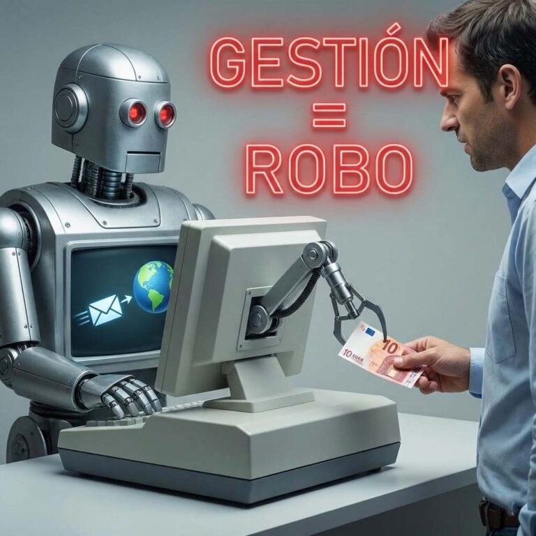 Imagen realista y satírica en formato cuadrado 1:1. Un robot metálico con aspecto de taquillero antiguo está sentado frente a un ordenador. Con una mano pulsa una tecla que envía un email (un sobre volando), y con la otra mano le arranca un billete de 10€ a un usuario que intenta comprar una entrada a través de la pantalla. Texto en neón rojo sobreimpreso: "GESTIÓN = ROBO".
