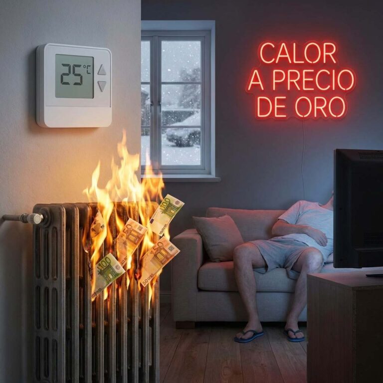 Imagen realista y satírica en formato cuadrado 1:1. Un primer plano de un termostato digital de pared marcando "25ºC". En lugar de aire caliente, el radiador de abajo está escupiendo llamaradas hechas de billetes de 50€ que se consumen al instante. Al lado, una persona en bañador y chanclas en el salón, ajena a que se está arruinando. Texto en neón rojo sobreimpreso: "CALOR A PRECIO DE ORO".