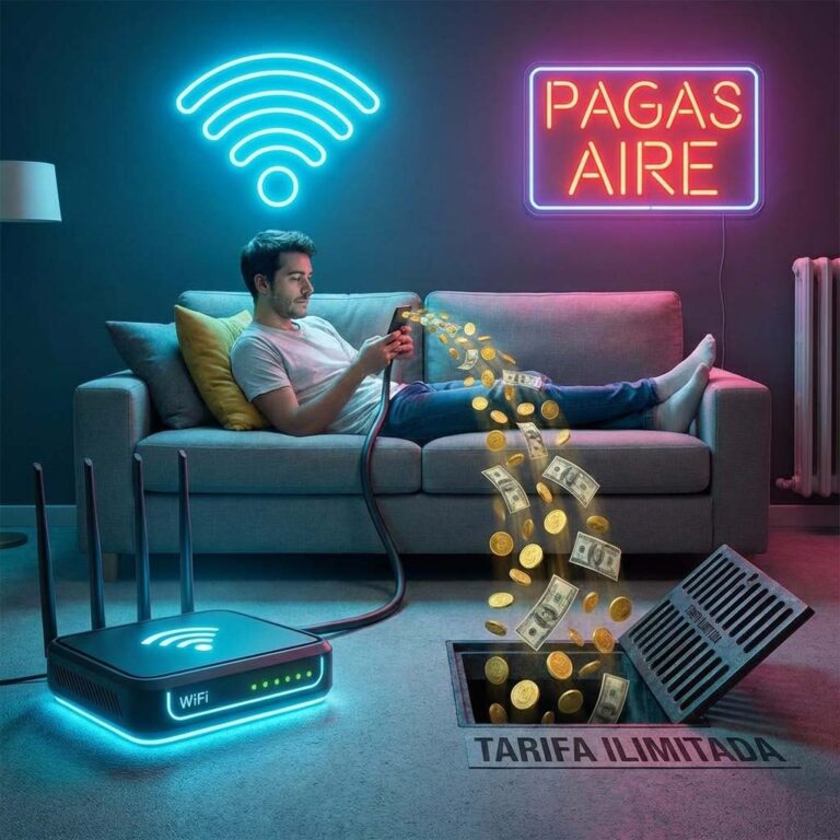 Imagen realista y satírica en formato cuadrado 1:1. Un usuario está sentado cómodamente en un sofá conectado a un router WiFi gigante mediante un cable brillante. A su alrededor, llueve dinero y monedas de oro que caen por una alcantarilla etiquetada como "TARIFA ILIMITADA". El usuario ni se inmuta porque tiene WiFi. Texto en neón rojo sobreimpreso: "PAGAS AIRE".