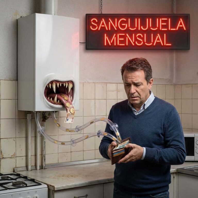Imagen realista y satírica en formato cuadrado 1:1. Una caldera de gas blanca colgada en la pared de una cocina. La caldera tiene colmillos y unos tubos que no van a la pared, sino que bajan directamente a la cartera de un usuario asustado, succionando monedas de oro y billetes. Texto en neón rojo sobreimpreso: "SANGUIJUELA MENSUAL".