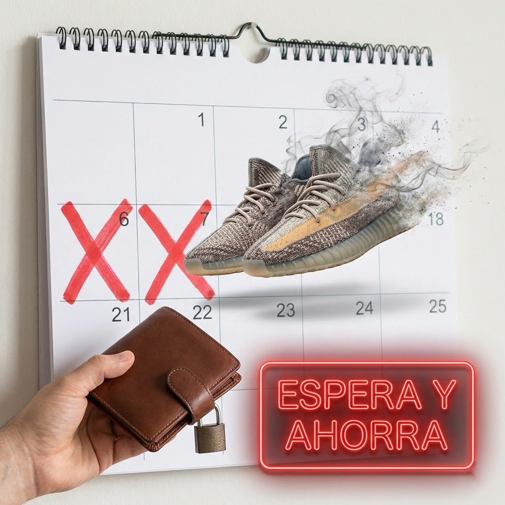 Imagen realista y satírica en formato cuadrado 1:1. Un calendario de pared con tres días marcados con una cruz roja grande. Flotando delante, unas zapatillas de deporte de moda se están desintegrando como si fueran humo o polvo, desapareciendo. Una mano sujeta una cartera cerrada con un candado, con gesto de alivio. Texto en neón rojo sobreimpreso: "ESPERA Y AHORRA".